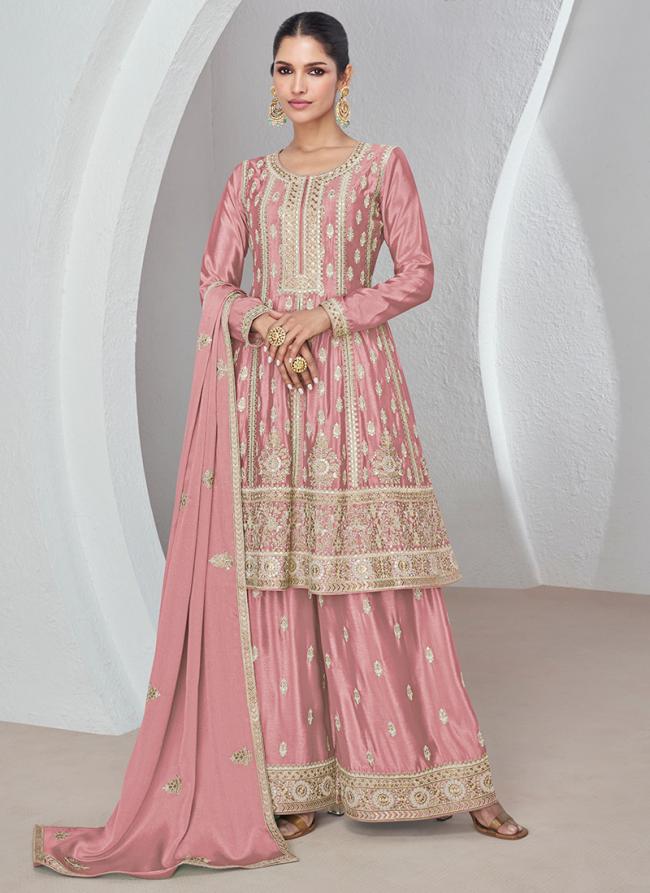 Chinnon Silk Baby Pink Wedding Wear Embroidery Work Palazzo Suit